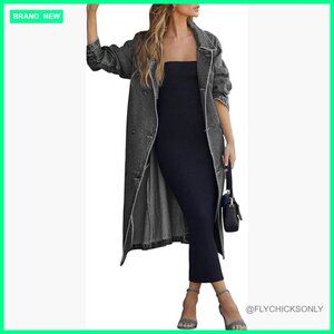 Double Breasted Denim Trench Coat with Belt, Notched Collar